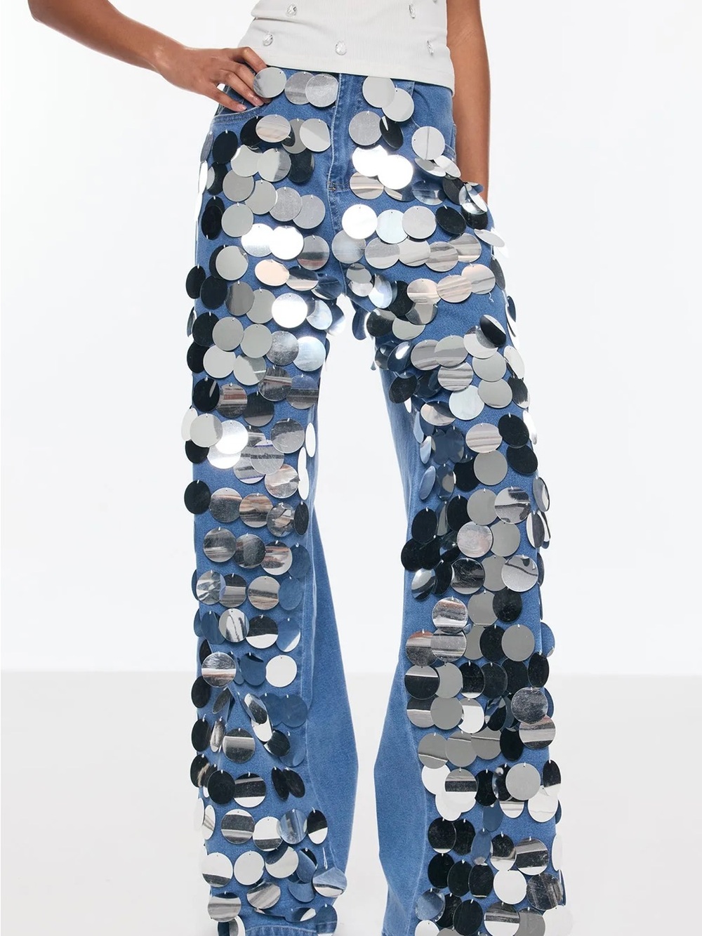 Innovare Bell Sequin Embellished Denim Jeans in Light Blue